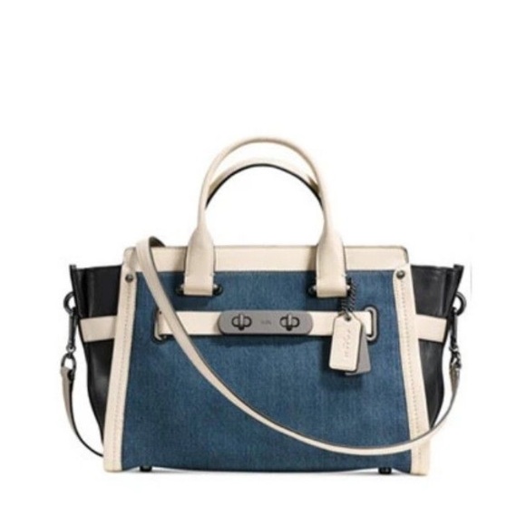Coach Denim Swagger With Chalk White Leather Trim Satchel - Picture 3 of 13